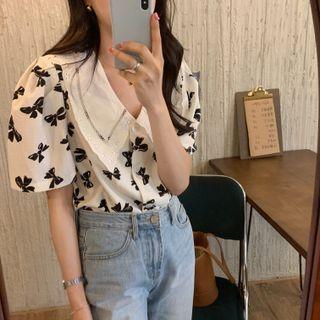 Short-sleeve Bow Print Blouse White - One Size