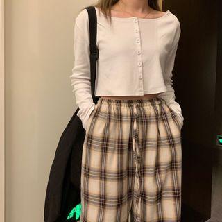 Cropped Long Sleeve Top / Gingham Wide Leg Pants