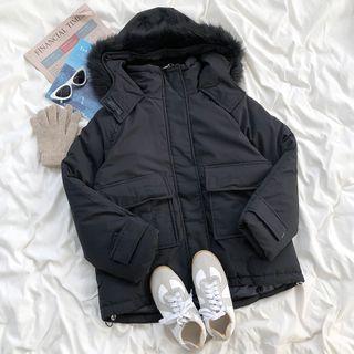 Furry Trim Padded Jacket Black - One Size