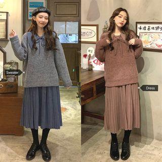 Plain Loose-fit Sweater / Bow-accent Long-sleeve Pleated Dress