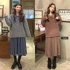 Plain Loose-fit Sweater / Bow-accent Long-sleeve Pleated Dress