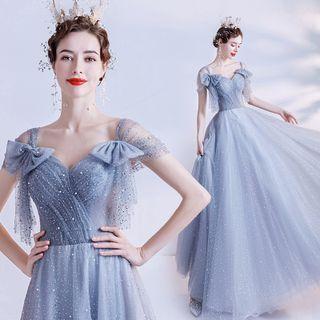 Short-sleeve Faux Pearl A-line Evening Gown