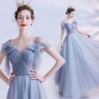 Short-sleeve Faux Pearl A-line Evening Gown
