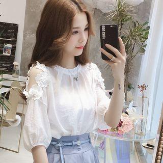 Flower Detail Cold Shoulder Elbow-sleeve Blouse