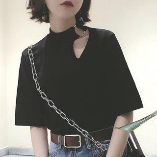 Elbow-sleeve Mock-neck Top Black - One Size