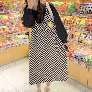 Long-sleeve Mock Two-piece Checkered Midi Dress Black - One Size