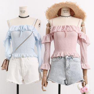Off-shoulder Ruffled-trim Cropped Sheer Blouse