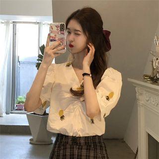 Puff-sleeve Pineapple Embroidered Blouse