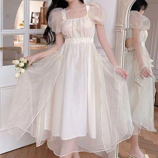 Short-sleeve Square Neck Open-back Midi A-line Dress