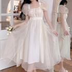 Short-sleeve Square Neck Open-back Midi A-line Dress