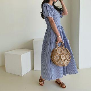 Puff-sleeve Maxi Stripe Dress Blue - One Size
