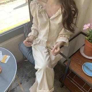 3/4-sleeve Frill Trim Buttoned Top Beige Almond - One Size