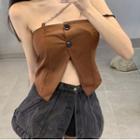 Asymmetrical Chain Off Shoulder Button Front Bralette Top