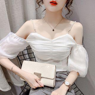 Puff-sleeve Cold Shoulder Faux Pearl Trim Top