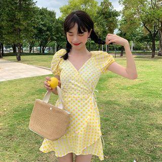 V Collar Embroider Floral Puff-sleeved Dress