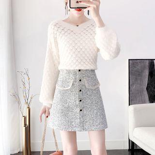 Set: V-neck Knit Top + Button-front Skirt
