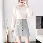 Set: V-neck Knit Top + Button-front Skirt