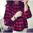 Off-shoulder Plaid Long-sleeve Top Red - One Size