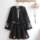 Printed Hoodie / Embroidered Heart A-line Mini Skirt / Set