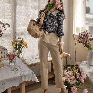 3/4-sleeve Lace-collar Floral Blouse
