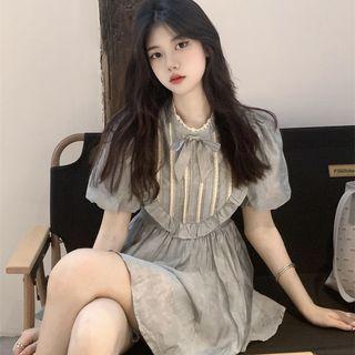 Puff-sleeve Stand-collar Ruffle Trim Mini A-line Dress