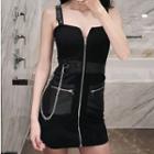 Belt-strap Zip-up Mini Sheath Dress