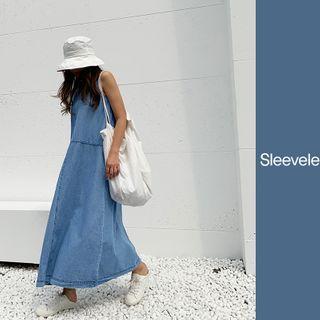 Sleeveless Flared Denim Maxi Dress Blue - One Size