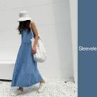 Sleeveless Flared Denim Maxi Dress Blue - One Size