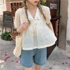 Short-sleeve Floral Print Blouse Beige - One Size