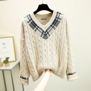 V-neck Cable Knit Sweater Almond - One Size