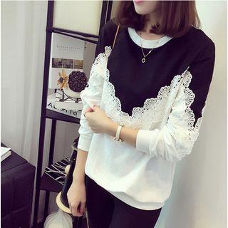 Lace Panel Two-tone Long-sleeve T-shirt