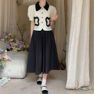 Short-sleeve Floral Button Top / Midi A-line Skirt