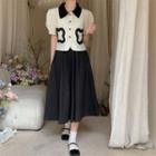 Short-sleeve Floral Button Top / Midi A-line Skirt