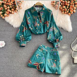 Set: Long Sleeve Print Shirt + Wide Leg Shorts
