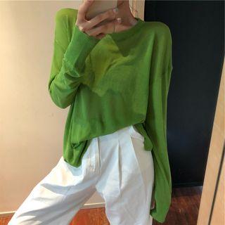 Crew-neck Long-sleeve Knit Top Green - One Size