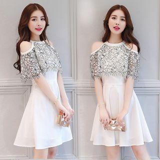 Lace Panel Cutout Shoulder Short-sleeve A-line Dress