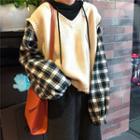 Check Mock-two Puff-sleeve Knit Hooded Pullover