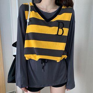 Plain Long-sleeve T-shirt / Letter Embroidered Striped Vest