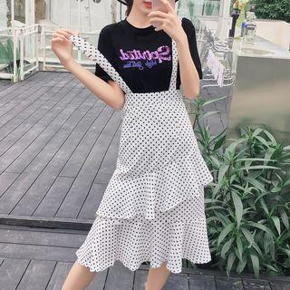 Set: Lettering Short-sleeve T-shirt + Polka Dot Jumper Skirt
