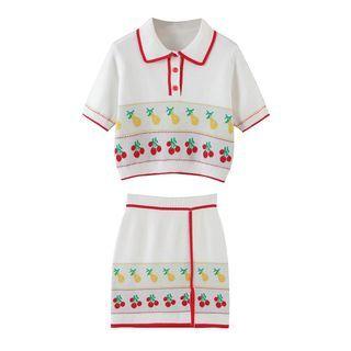 Short-sleeve Printed Collared Knit Top / Mini Pencil Skirt
