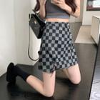 Checker Print Drawstring A-line Denim Skirt