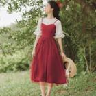 Short-sleeve Ruffle Blouse / Midi Overall Dress / Set
