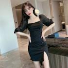 Puff-sleeve Frog Buttoned Mini Sheath Dress