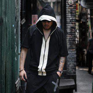 Short-sleeve Contrast-trim Zip-up Hoodie