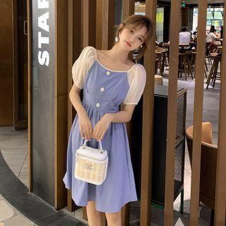 Balloon-sleeve Paneled Patterned A-line Dress