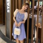 Balloon-sleeve Paneled Patterned A-line Dress