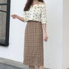Set: Elbow-sleeve Cold Shoulder Top + Checker Midi Pencil Skirt