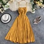 Spaghetti Strap Pleated Chiffon A-line Dress Yellow - One Size