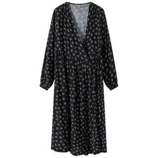 V-neck Floral Tie-waist Midi A-line Dress Black - One Size