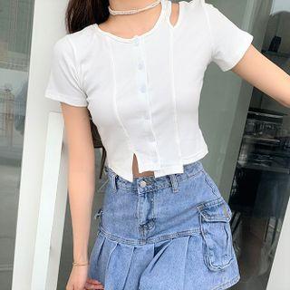 Short-sleeve Cutout Button-up Top